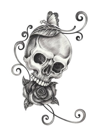 Skull tattoo surreal art design by hand drawing on paper.