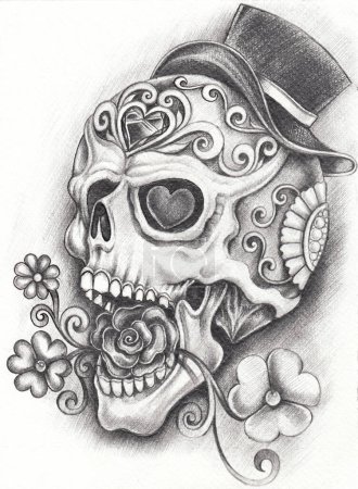 Sugar skull day of the dead design by hand drawing on paper.