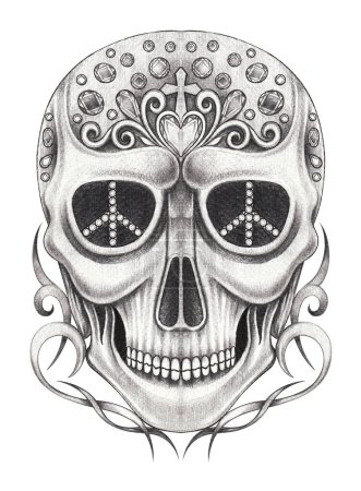 Skull tattoo fancy art design by hand drawing on paper.