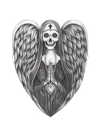 Santa muerte angel design by hand drawing on paper.