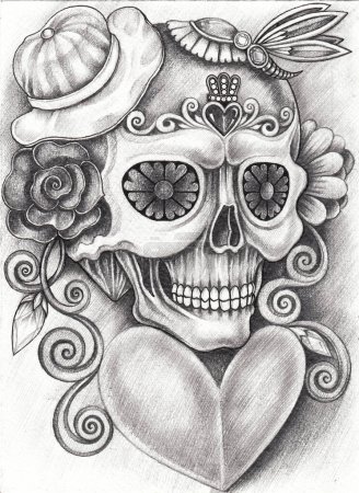 Fantasy skull surreal art dsign by hand drawing on paper.