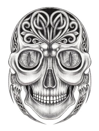 Skull tattoo mix celtic surreal art design by hand drawing on paper.