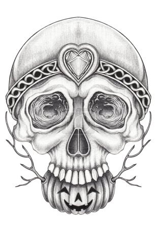 Skull tattoo surreal art design by hand drawing on paper.