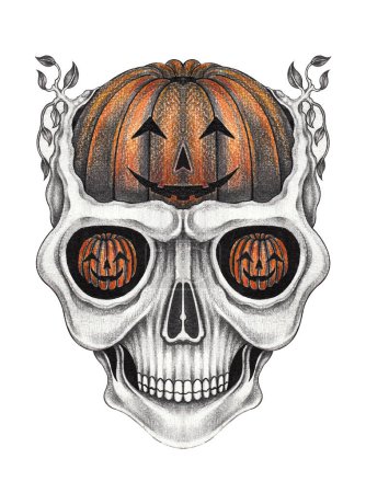 Skull surreal art mix pumpkin halloween day design by hand drawing on paper.