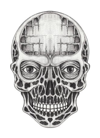 skull tattoo surreal art design by hand drawing on paper.