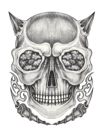 Demon skull tattoo surreal art design by hand drawing on paper.