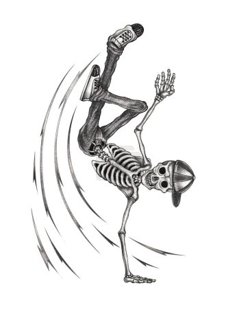 Skull tattoo b-boy dance design by hand drawing on paper.