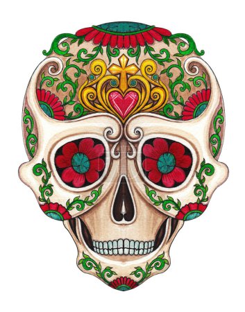 Sugar skull day of the dead design by hand watercolor painitng on paper.
