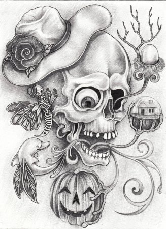 Surreal art skull fantasy design by hand drawing on paper.