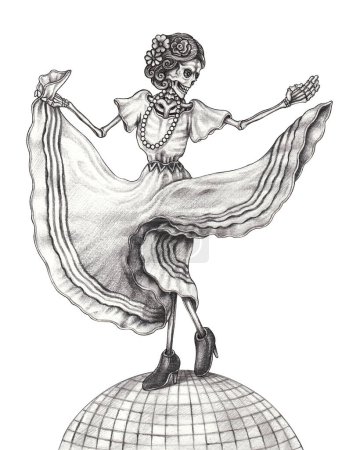 Cráneo de azúcar mujer mexicana día del diseño muerto por dibujo a mano sobre papel.