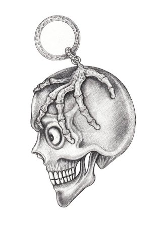 Skul keychain surreal art design by hand drawing on paper.