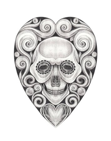 Skull tattoo mix art vintage heart design by hand drawing on paper.