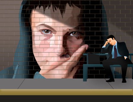 Photo for A man is tired and distressed while sitting on a public bench in front of urban art of a tense faced young man in this illustration about lifes stress. - Royalty Free Image