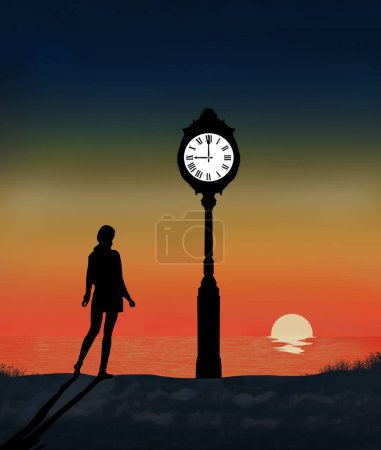 Photo for A public clock  is seen at 9 p.m. as the sunsets over the ocean and a girl is on the beach in a 3-d illustration about the twice annual time changes that take place in some locations. - Royalty Free Image