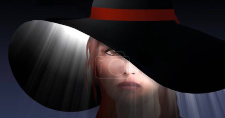 Foto de La luz desde el interior de un sombrero de ala ancha ilumina una cara de modelos en este episodio ilustración sobre la moda. - Imagen libre de derechos