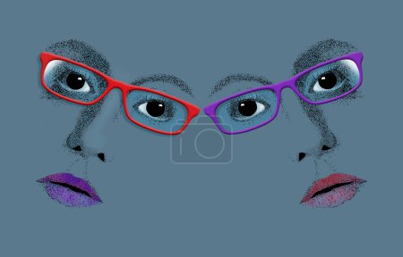Foto de Dos mujeres atractivas que usan anteojos se ven con un color de lápiz labial para que coincida con sus gafas. Esta es una ilustración en 3D sobre las gafas. - Imagen libre de derechos