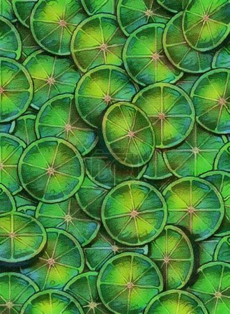 Téléchargez les photos : Il s'agit d'aquarelle numérique de tranches de citron vert à utiliser comme image de fond alimentaire. C'est une illustration en 3D. - en image libre de droit