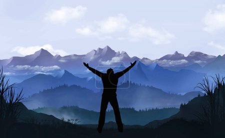 A silhouetted man raises his arms toward heaven as he takes in the majestic mountain scene in front of him in this 3-d illustration.