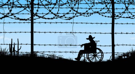 Photo for A man in a wheelchair wearing a Mexican sombrero is dejected because he cannot cross the border from Mexico into the  USA in an illustration about people left behind at the border. - Royalty Free Image