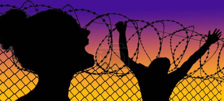 Foto de A man tries to scale razor wire as he female friend screams at him at the border between the USA and Mexico. - Imagen libre de derechos