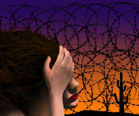 A woman is dismayed by the wall of razor wire at the USA and Mexico border in a 3-d illustration.
