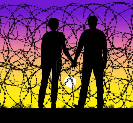 Téléchargez les photos : A couple hold hands and watch the sunset through a razor wire fence at the USA and Mexico border. They cannot cross, only look through the razor wire to see the USA. - en image libre de droit