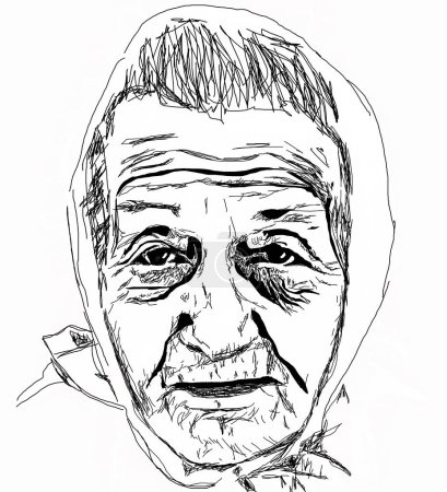 Photo for An elderly old woman in a head scarf was drawn loosley in an informal portrait sketch made digitally. - Royalty Free Image