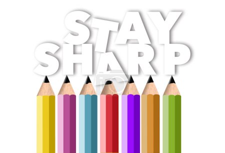 Téléchargez les photos : Pointed pencils hold up the words stay sharp while a dull pencil lets a couple letters fall below the others in a 3-d illustration about business acumen and preparation. - en image libre de droit