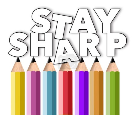 Téléchargez les photos : Pointed pencils hold up the words stay sharp while a dull pencil lets a couple letters fall below the others in a 3-d illustration about business acumen and preparation. - en image libre de droit