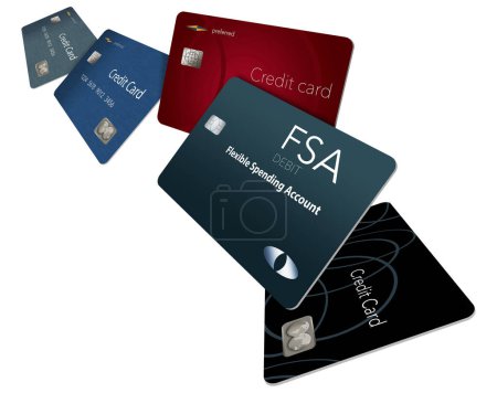 Téléchargez les photos : Voici une carte de débit flexible du compte de dépenses affichée avec des cartes de crédit en arrière-plan. Il est également connu comme une carte de débit FSA. Couche de fond tansparent png. Illustration 3-D - en image libre de droit