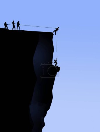 Foto de El trabajo en equipo para superar los desafíos se ilustra aquí con una visión de las personas que hacen un rescate de montaña con cuerdas y coraje. Esta es una ilustración.
. - Imagen libre de derechos