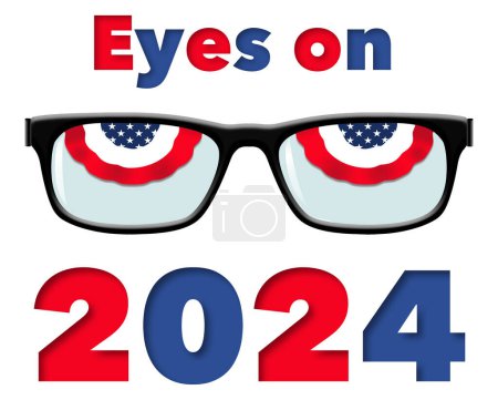 Photo for Red, white and blue bunting is seen in eyeglass frames and look like eyes in  a 3-d illustration about keeping eyes on the 2024 election campaigns. - Royalty Free Image