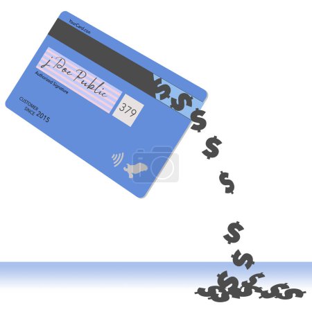 Téléchargez les photos : Dollars signs pour out of the magnetic strip on the back of a credit card in this 3-d illustration about spending too much on credit - en image libre de droit