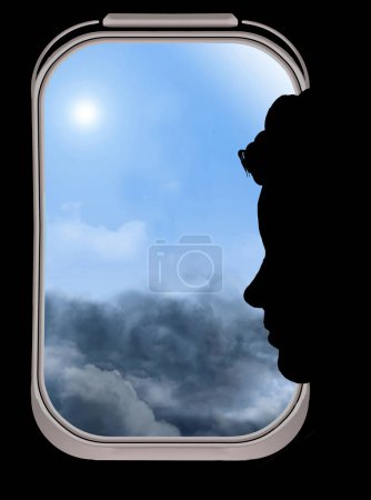 A woman  is seen in silhouette against the window of her plane. Clouds and sun and blue sky are all seen outside the window with text space available. This is a 3-d illustration.