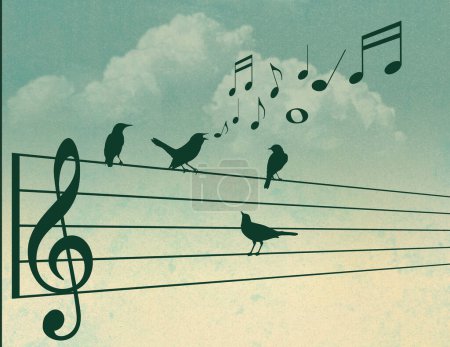 Téléchargez les photos : Birds gather around a talented song bird who sings as they all sit on a musical treble clef staff in this illustration. - en image libre de droit