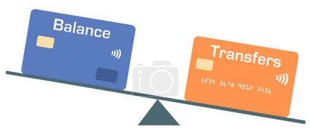 Téléchargez les photos : Credit card balance transfers are illustrated with card balanced on a seesaw. - en image libre de droit