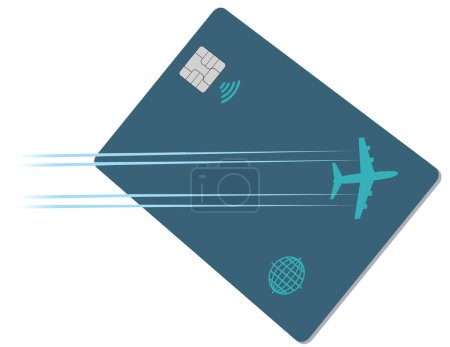Foto de La imagen de un avión de línea deja un diseño de estela a través de la cara de una tarjeta de crédito recompensa de millas aéreas en esta ilustración 3-d sobre las ventajas para los viajeros aéreos. - Imagen libre de derechos