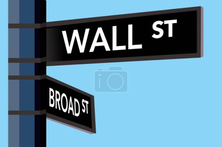 Wall Street, Straßenschild. Kreuzung von Mauer und breiten Straßen Schild. Isoliert auf einer 3-D-Illustration