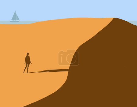 Photo for A young woman is seen walking on a sand dune on the lake shore of the Indiana Dunes, Great Lakes, USA in the sunshine in this  3-d illustration. - Royalty Free Image