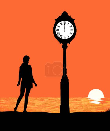 Photo for A public clock  is seen at 9 p.m. as the sun sets and moon rises over the ocean and a girl is on the beach in a 3-d illustration about time changes . - Royalty Free Image