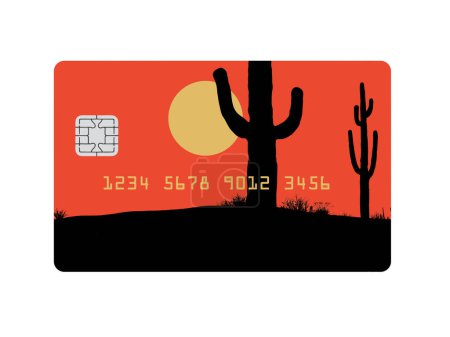 Photo for A southwest USA desert scene with  saguaro cactus at sunset is the design on a generic mock credit card or debit card. Text area is available on the card. This is a 3-dillustration. - Royalty Free Image