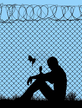 Foto de Un pájaro libre está a punto de aterrizar en un hombre encarcelado detrás de alambre de afeitar, alambre contstantino, alambre de púas de una prisión y se ve delante de un cielo azul en esta imagen de fondo. - Imagen libre de derechos
