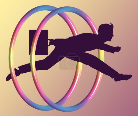 Foto de Un hombre de negocios con un maletín se ve saltando a través de los aros proverbiales de su trabajo en esta ilustración 3-D. - Imagen libre de derechos