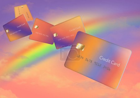 Photo for This is a 3-d  illustration about credit cards, bank cards, finances and business. Here is a realistic mock credit card or debit card on a rainbow background - Royalty Free Image