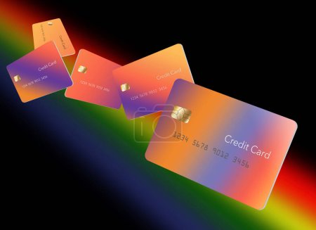 Photo for This is a 3-d  illustration about credit cards, bank cards, finances and business. Here is a realistic mock credit card or debit card on a rainbow background - Royalty Free Image