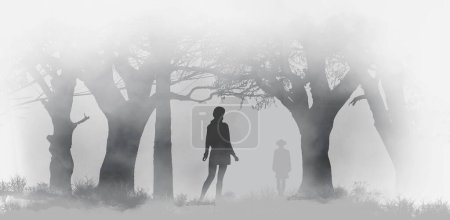 Photo for A woman walking in the forest in the fog meets a man who appears from the fog in this watercolor painting illustration. The man could be a stranger or friend, too foggy to tell. - Royalty Free Image