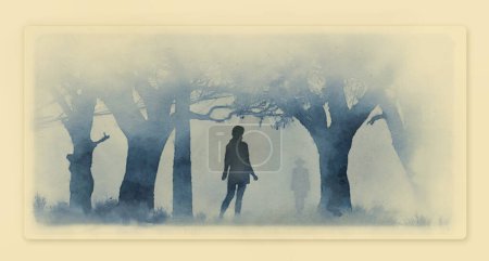 Photo for A woman walking in the forest in the fog meets a man who appears from the fog in this watercolor painting illustration. The man could be a stranger or friend, too foggy to tell. - Royalty Free Image