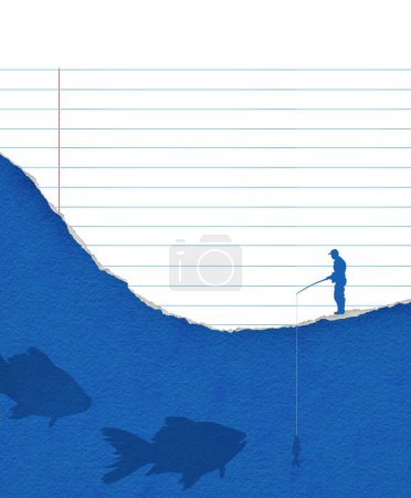 Photo for A fisherman drops a line in water that is made of torn blue paper as silhouettes of fish below investigate his bait. This is a 3-d illustration. - Royalty Free Image