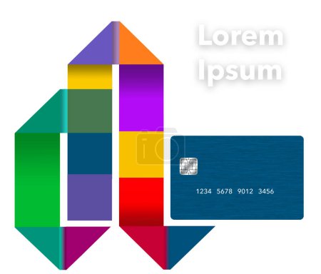 Photo for A generic mock credit card is seen with a geometric and multi-colored ribbon isolated on a white background. This 3-d illustration has copy space. - Royalty Free Image