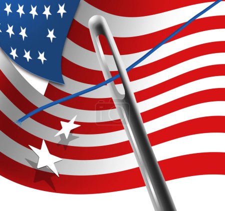 Foto de Una aguja de coser y un hilo están listos para reparar América que está simbolizado por la bandera y una estrella que falta. Esta es una ilustración en 3-D acerca de desmoronarse en las costuras USA. - Imagen libre de derechos